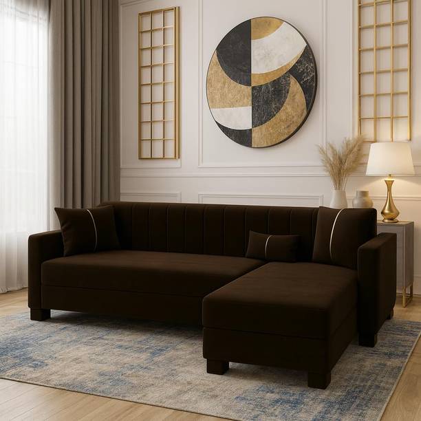 FURNY Almeria 4 Seater RHS L Shape Sofa Set| Soft Velvet Suede Fabric| Modern Design Fabric 4 Seater Sofa