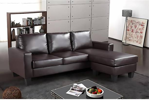 Groovecraft Adora Wooden 3 Seater Faux Leather L-Shaped Sectional Sofa for Living Room Leatherette 4 Seater  Sofa