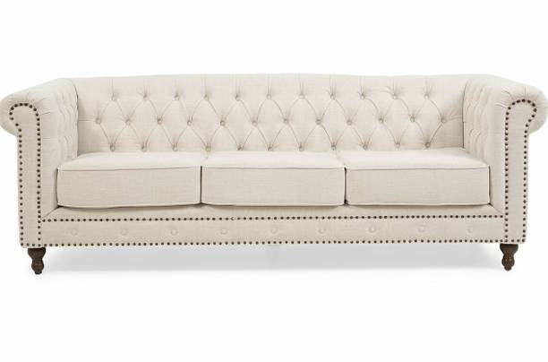 DECORIMPEX Modern and Stylish 3 Seater Chesterfield Luxury Sofa (Ivory Velvet). Solid Wood 3 Seater Sofa