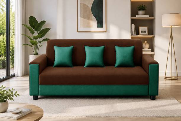 Dr Smith Living Room Sofa with 3 Cushions | Brown & Green Fabric 3 Seater Sofa