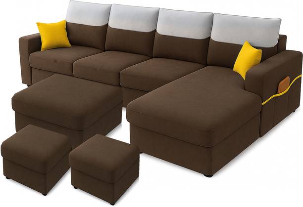 FURNY Tokyo 8 Seater Fabric RHS L Shape Sofa Set with 1 Centre Table & 2 Puffy Fabric 8 Seater  Sofa