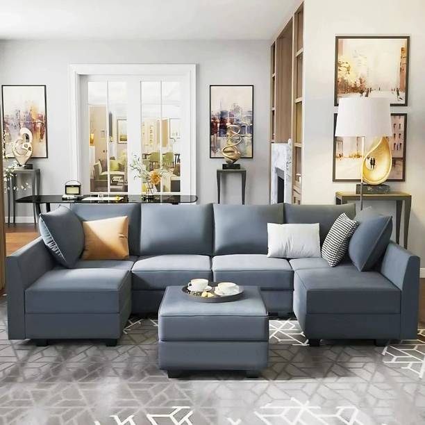 Homeify Charles 6 Seater U Shaped Sectional Sofa Set with Ottoman for Living Room Fabric 6 Seater  Sofa