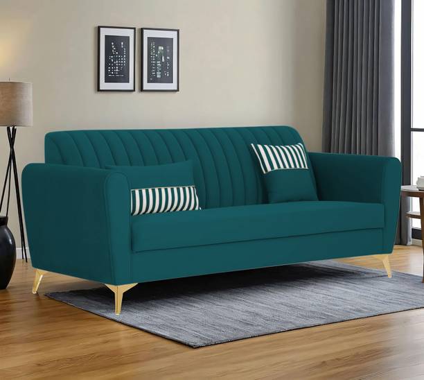 ADORN INDIA Premium Luster 3 Seater Velvet Sofa | Ocean Blue | Gold Legs | 3-Year Warranty Fabric 3 Seater Sofa