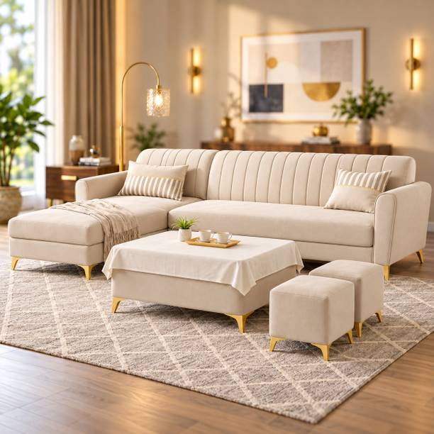ADORN INDIA Adorn India Luster 8 Seater L Shape Sofa | LHS | Cream | 2 Puffy & Table Fabric 8 Seater Sofa