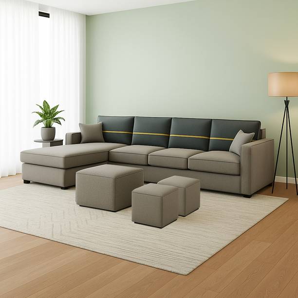 FURNY Arnoy 8 Seater Fabric LHS L Shape Sofa Set with 1 Centre Table & 2 Puffy Fabric 8 Seater  Sofa