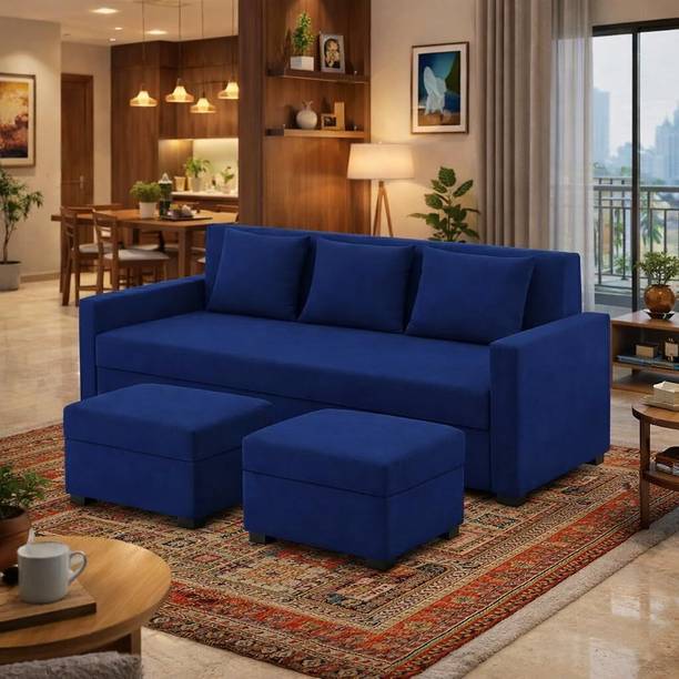 FURNY Lifelano 3 Seater Fabric Sofa Set with 2 Ottomans (Dark Blue), Velvet Finish Fabric 3 Seater  Sofa