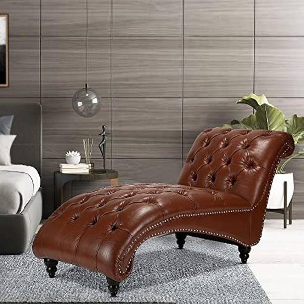 India wood mart Chaise Lounge Diwan Chaise Couch Sofa Wood Legs Brown Leatherette 3 Seater Sofa Leatherette 3 Seater  Sofa