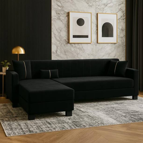 FURNY Almeria 4 Seater LHS L Shape Sofa Set| Soft Velvet Suede Fabric| Modern Design Fabric 4 Seater Sofa