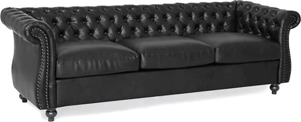 DECORIMPEX Modern and Stylish 3 Seater Chesterfield Fabric leatherette sofa (Black) Leatherette 3 Seater Sofa