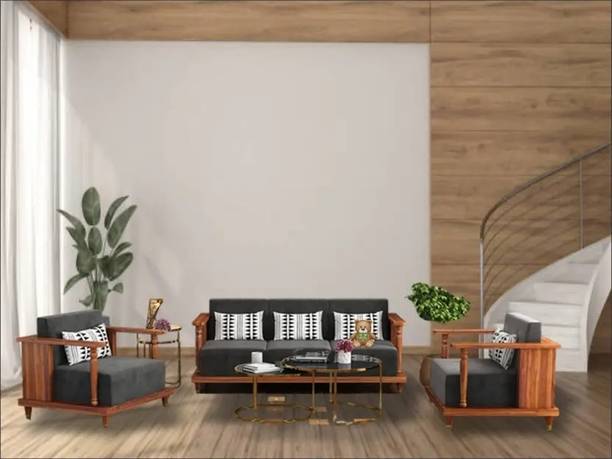 Home wood Solid Wood 3 + 2 Sofa Set (black, Knock Down) Fabric 5 Seater Sofa