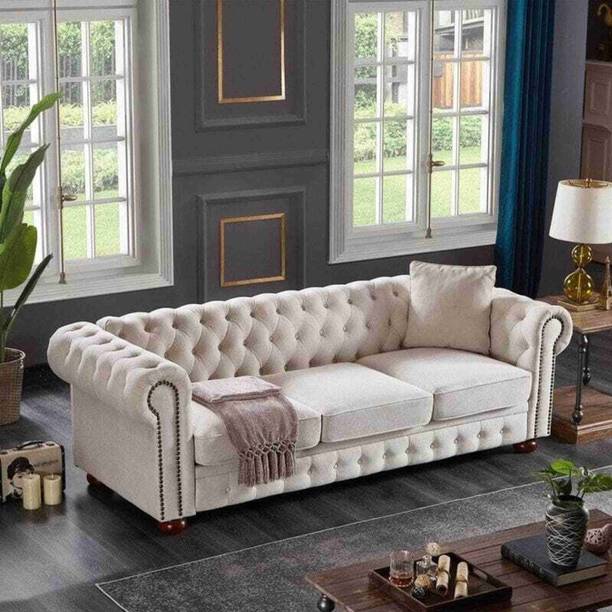 India wood mart Wood Chesterfield leatherette sofa wood-framed modern tufted deep seats White Half-leather 3 Seater  Sofa