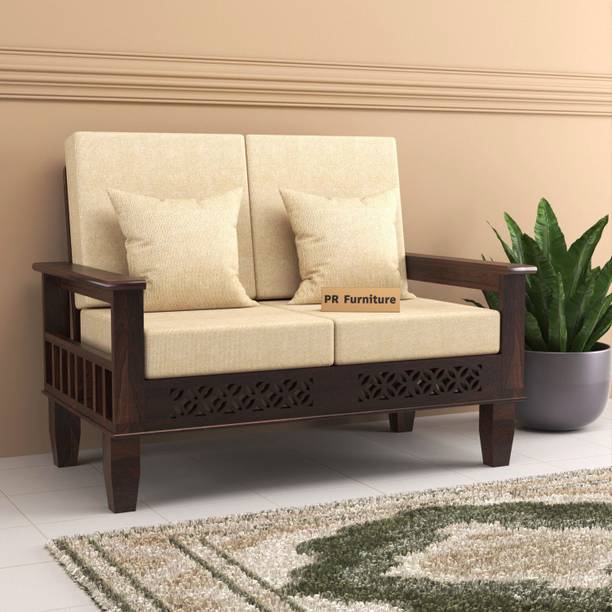 PR FURNITURE Solid Wood Two Seater Sofa With Front CNC Flower Style For Living Room, Café. Fabric 2 Seater Sofa