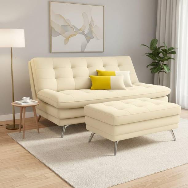 FURNY Supersoft 3 Seater Fabric Sofa Cum Bed with Ottoman, Cream Premium Velvet Finish Fabric 3 Seater  Sofa