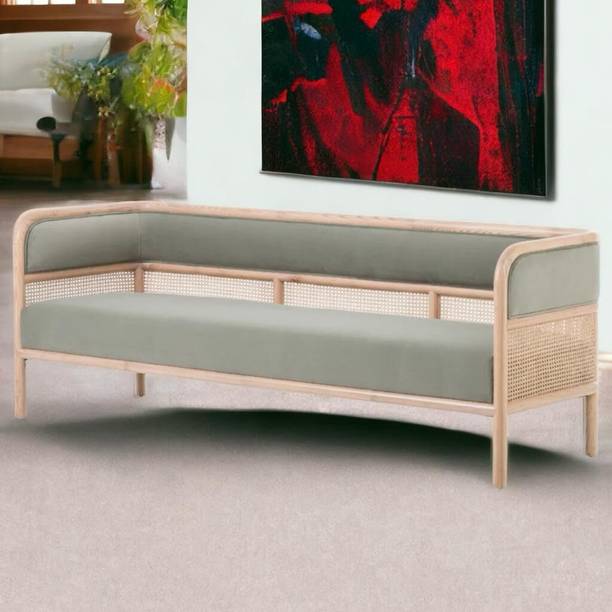 WOODEN TWIST Teak Wood Sofa with Curved Framing and Natural Cane Paneling - Plush Seating Fabric 3 Seater Sofa