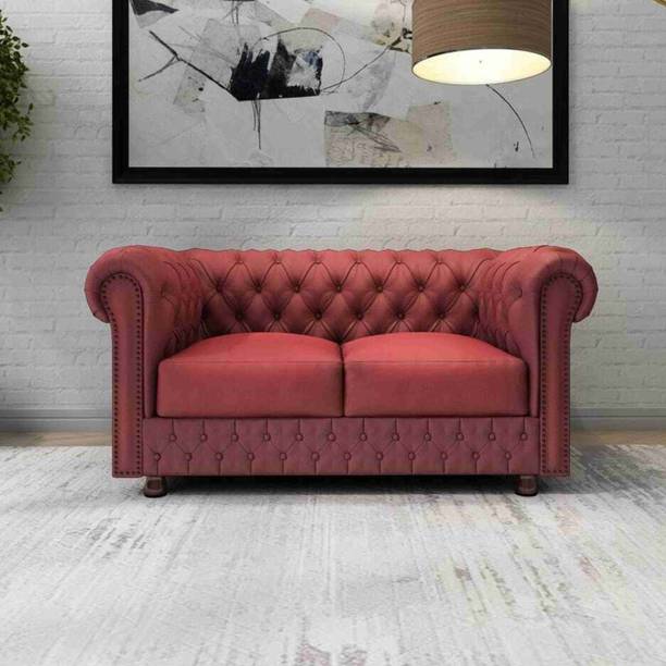 India wood mart Wooden Chesterfield Modern Sofa with Deep Seat and Tufted Mattress Red Half-leather 2 Seater  Sofa