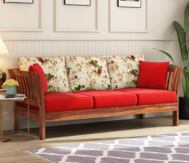 Ratandhara Furniture Solid Sheesham Wooden 3 Seater Sofa for Living Room - Sofa with Red Cushions | Fabric 3 Seater Sofa