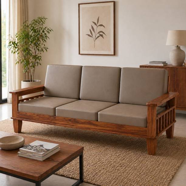 SWANGIA ARTS Solid Sheesham Wood 3 Seater Sofa | Wooden Sofa Set with Comfortable Cushions | Fabric 3 Seater Sofa