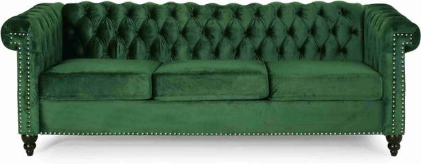 India wood mart Wood Chesterfield leatherette sofa wood-framed modern tufted deep seats Green Half-leather 3 Seater  Sofa