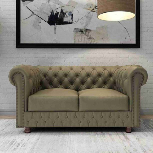 India wood mart Wooden Chesterfield Modern Sofa with Deep Seat and Tufted Mattress Green Half-leather 2 Seater  Sofa