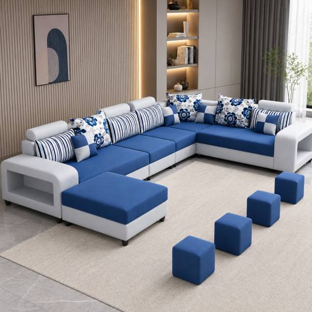 WAKESURE Premium Quality U-Shaped Sectional Sofa with Ottoman for Living Room Velvet Fabric 9 Seater  Sofa