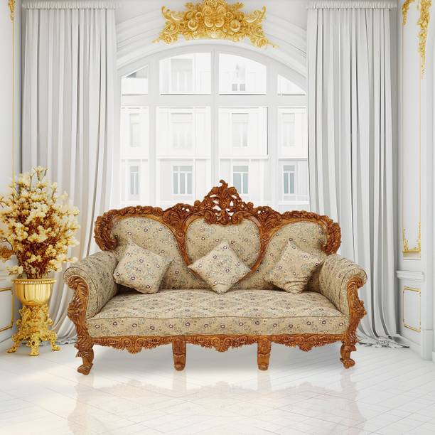 W.S.HANDICRAFTS Teak Wood Daball Carving Sofa 3 Seater for Living Room Bedroom Hall Office Fabric 3 Seater Sofa