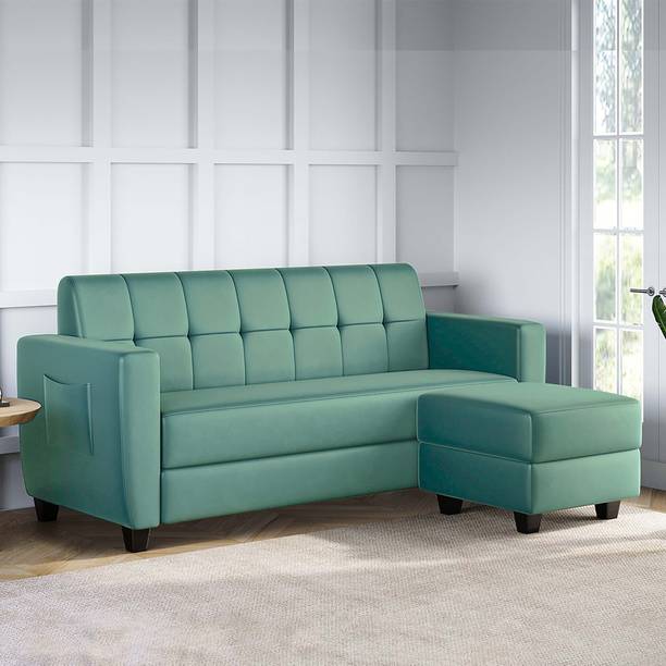 ARRA Remo Tufted Back Three Seater Sofa With Ottoman in Sea Green Color Fabric 4 Seater  Sofa