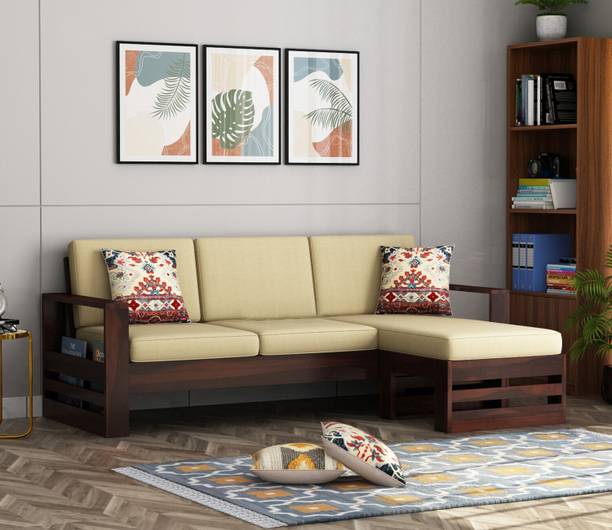 Wopno Furniture Sheesham Wooden 4 Seater L-Shape Sofa for Living Room Fabric 4 Seater Sofa