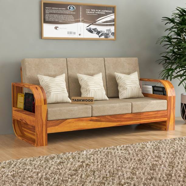 Taskwood Furniture Solid Sheesham Wood Three Seater Sofa For Living Room, Office, Café Fabric 3 Seater  Sofa