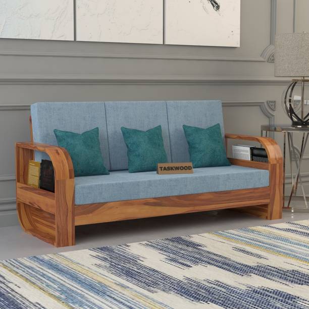 Taskwood Furniture Solid Sheesham Wood Three Seater Sofa With Flat Cushion For Living Room, Café Fabric 3 Seater Sofa
