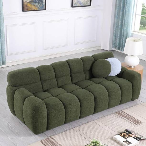 India wood mart Wooden Sofa 2 Pillows Upholstered Deep Seat Couch Living Room Bedroom, Green Fabric 3 Seater  Sofa