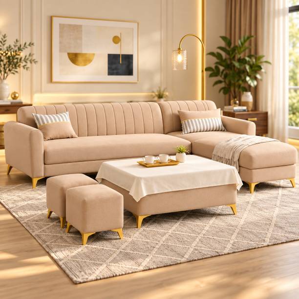 ADORN INDIA Adorn India Luster 8 Seater L Shape Sofa | RHS | Beige | 2 Puffy & Tepoy Fabric 8 Seater Sofa