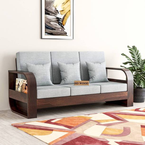 HDWOOD COMFY Solid Sheesham Wood Three Seater Sofa With Round Arms & Pocket Storage || Fabric 3 Seater  Sofa
