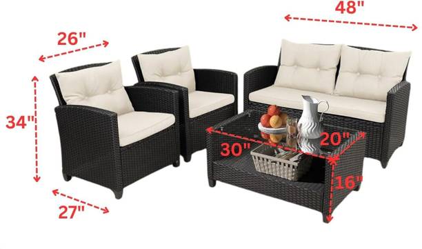 Mymigos 4 Piece Black Wicker Rattan Outdoor All Weather Resistant Sofa Set Fabric 4 Seater  Sofa