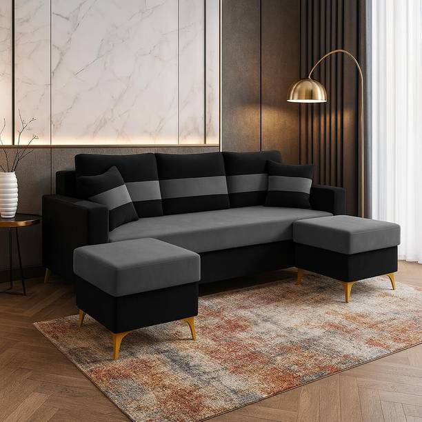 FURNY Bastian 3 Seater Modular Sofa Set with 2 Ottoman| Soft Velvet | Sofas Fabric 3 Seater  Sofa