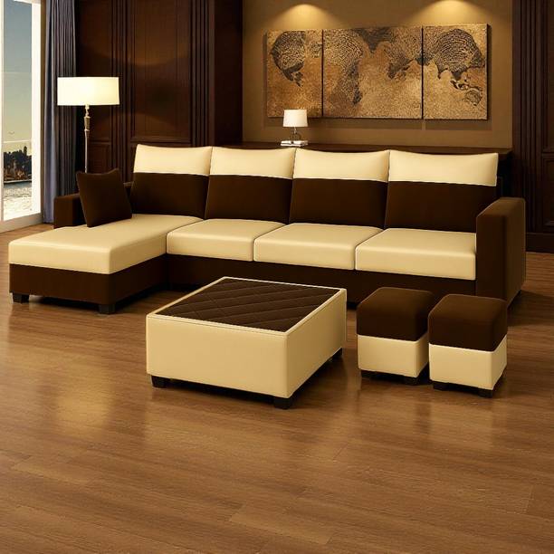 FURNY Arissa 8 Seater Fabric LHS L Shape Sofa Set with 1 Centre Table & 2 Puffy Fabric 8 Seater  Sofa