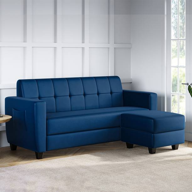 ARRA Remo Three Seater Sofa With Ottoman in Royal Blue Color Fabric 4 Seater  Sofa