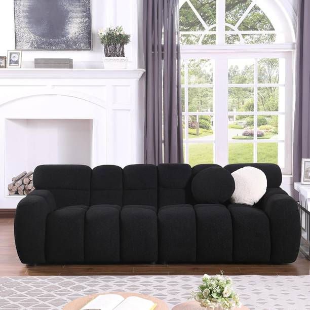 India wood mart Modern wooden sofa 2 pillows loveseat for office apartment living room Black Fabric 3 Seater  Sofa
