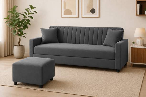 Dr Smith Modern 3 Seater Velvet Fabric Sofa with Ottoman Fabric 3 Seater Sofa Finish Color - Grey, Pre-assembled