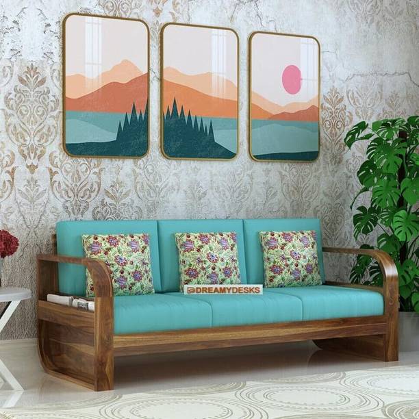Dreamydesks 3 Seater Sofa with Side Pockets with Cushions for Living Room Solid Wood 3 Seater  Sofa