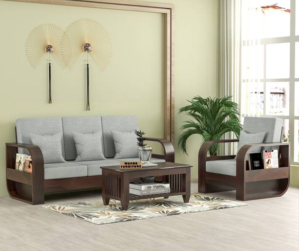 Wopno Furniture Sheesham Wooden 4 Seater Sofa Set for Living Room Home Office Solid Wood Fabric 4 Seater  Sofa