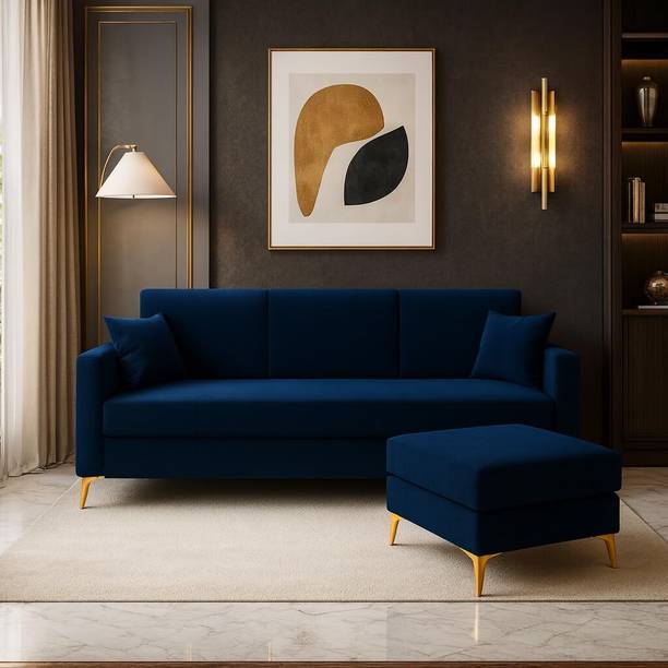 FURNY Bravelle 3 Seater Modular Sofa Set with 1 Ottoman| Soft Velvet | Golden Legs Fabric 3 Seater  Sofa