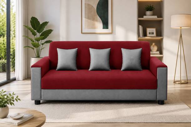 Dr Smith Living Room Sofa with 3 Cushions | Red & Grey Fabric 3 Seater Sofa