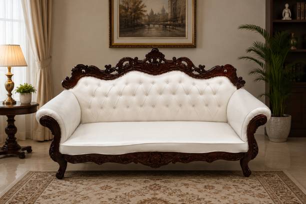 ALFA WOODEN NEST Royal Carved Wooden 3 Seater Sofa with Premium Upholstery Fabric 3 Seater Sofa