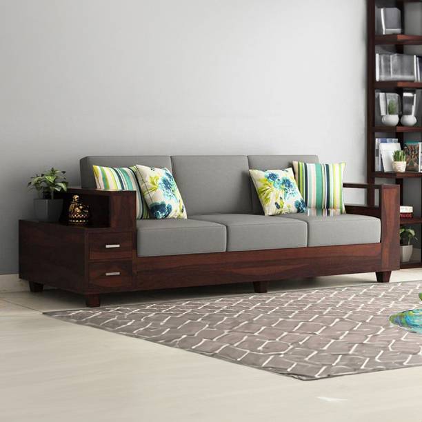 Douceur Furnitures Solid Sheesham Wood With Storage For Living / Cafe / Office. Fabric 3 Seater  Sofa