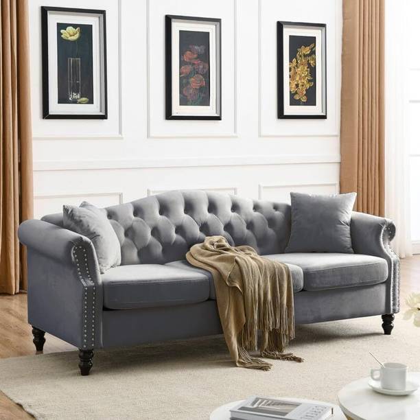 India wood mart Wooden Tufted Velvet Casual Sofa Rolled Arms 2 Pillows Bedroom,Office Grey Half-leather 3 Seater  Sofa