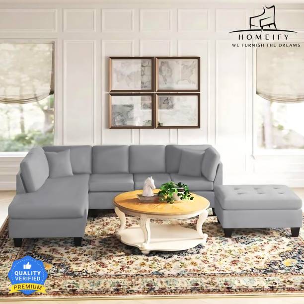 Homeify Nicole 6 Seater Upholstered Sectional Sofa with Ottoman for Living Room Fabric 6 Seater  Sofa