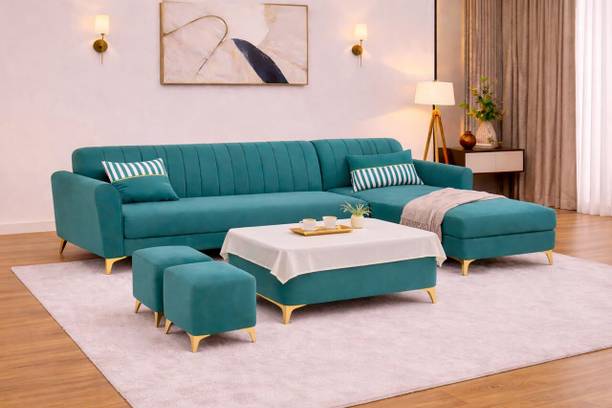 ADORN INDIA Adorn India Luster 8 Seater L Shape Sofa | RHS | Aqua blue | 2 Puffy & Tepoy Fabric 8 Seater Sofa