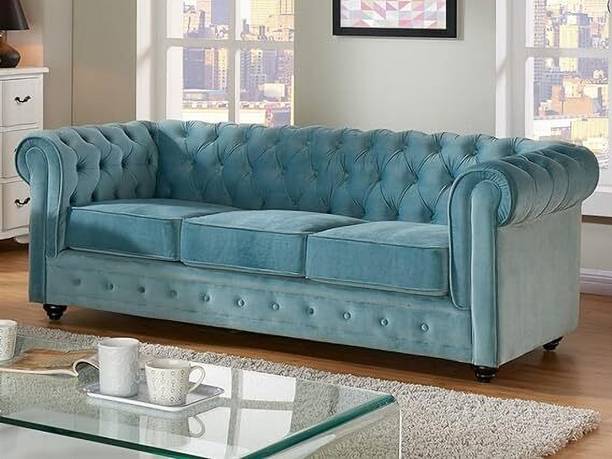 Artistic Interior Crafts Velvet 3 Seater Modern Chesterfield Sofa (Grey) Fabric 3 Seater  Sofa