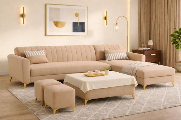 ADORN INDIA Adorn India Luster 8 Seater L Shape Sofa | RHS | Beige | 2 Puffy & Tepoy Fabric 8 Seater Sofa