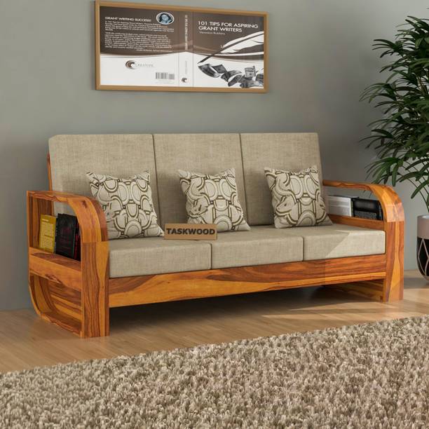 Taskwood Furniture Solid Sheesham Wood For Living Room, Office, Caf? Fabric 3 Seater  Sofa